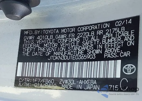 2014 Toyota Prius Two z USA, uszkodzony, nr VIN JTDKN3DU1E0365903